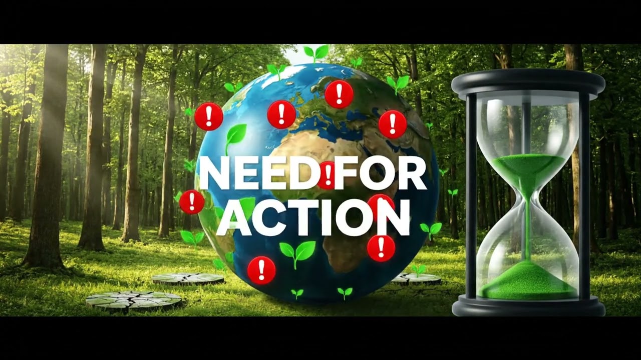 A dynamic video about climate change  featuring animated symbols representing environmental impact a