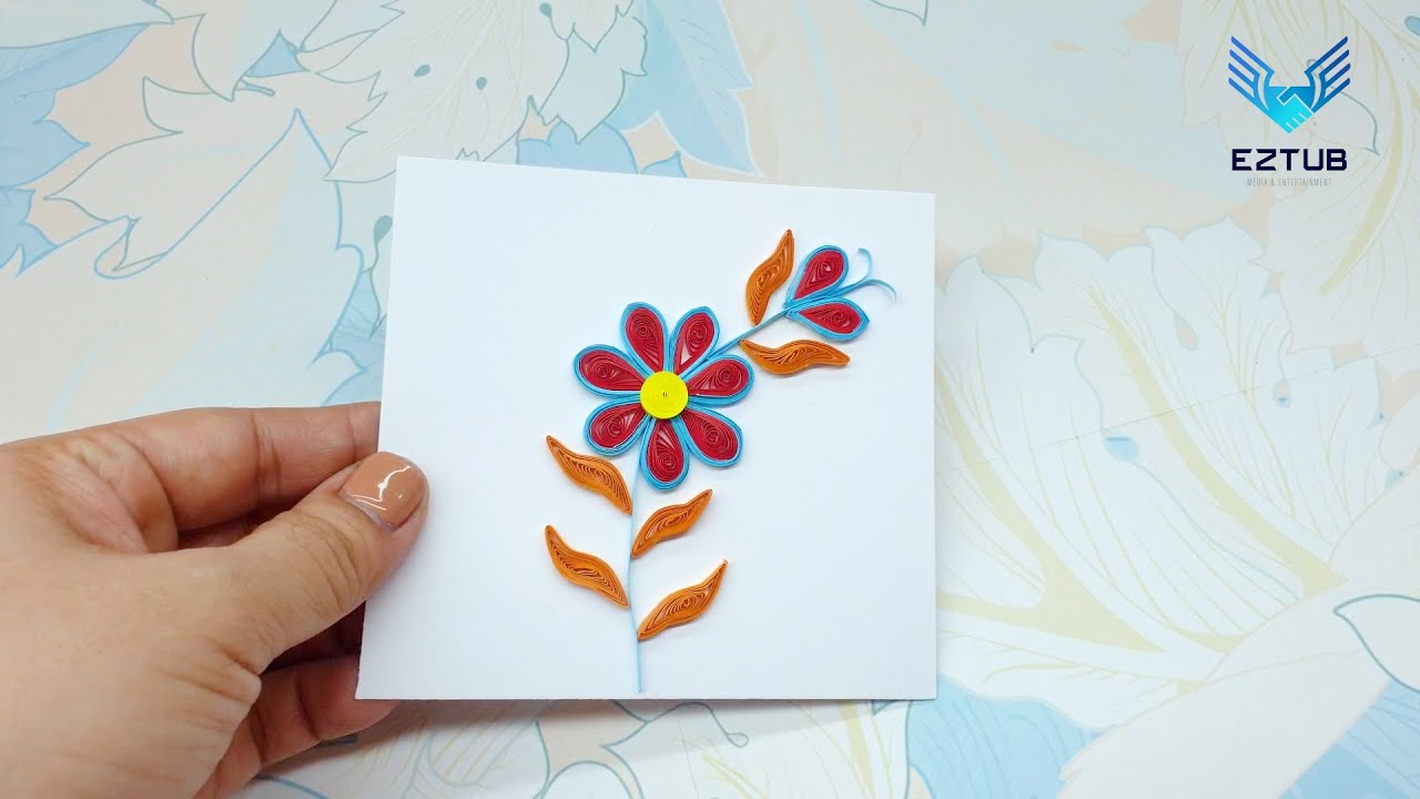 Decorating ideas quilling stylized with red flowers with blue border | DIY quilling cards