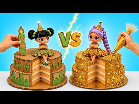 DIY Cardboard vs Golden Birthday Party for Rumi and Zoey | Cake Decoration with Molly Dolly