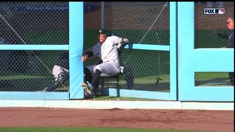 Aaron Judge makes an amazing diving catch then crashes right through the Dodgers Bullpen Fence! #NYY