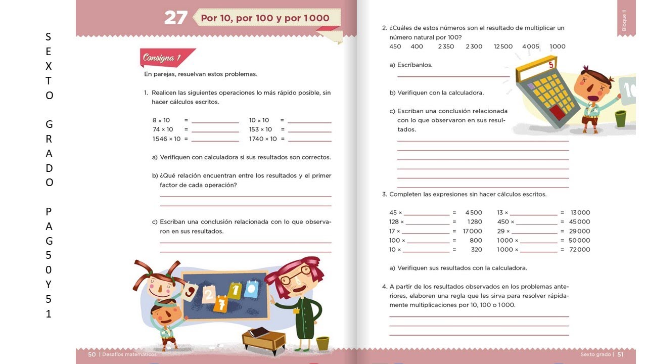 Multiplicando Por 10, 100 y 1000 SEXTO GRADO páginas 50, 51 y 52