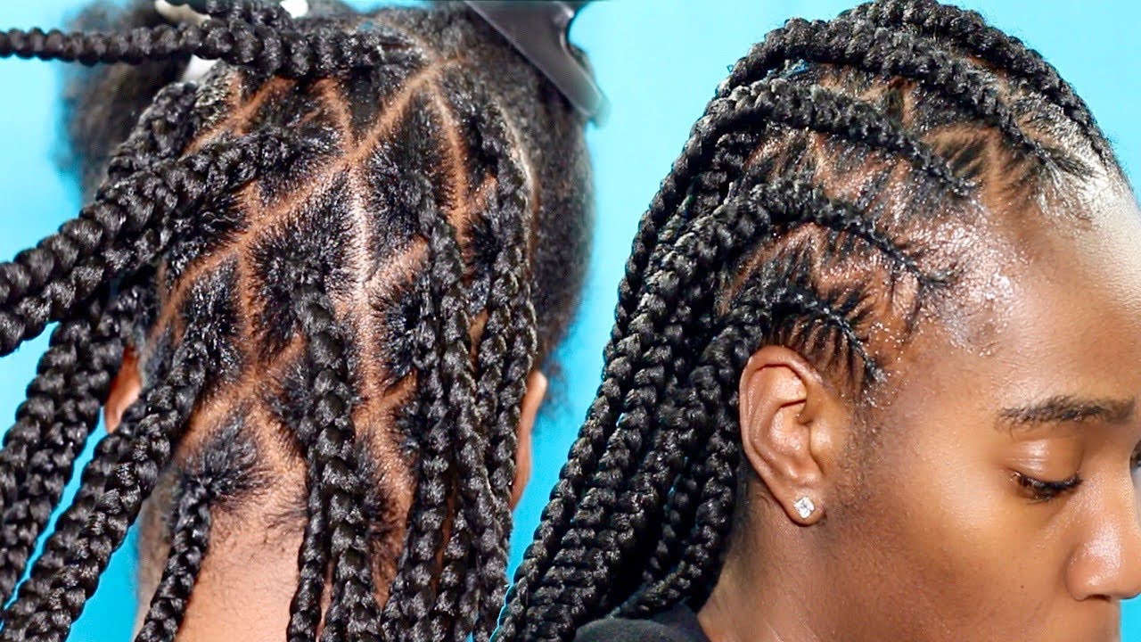 Large Diamond Knotless Braids in back with Zig Zag Stitch Feed-in Braids on  4A/4B/4C Natural Hair 