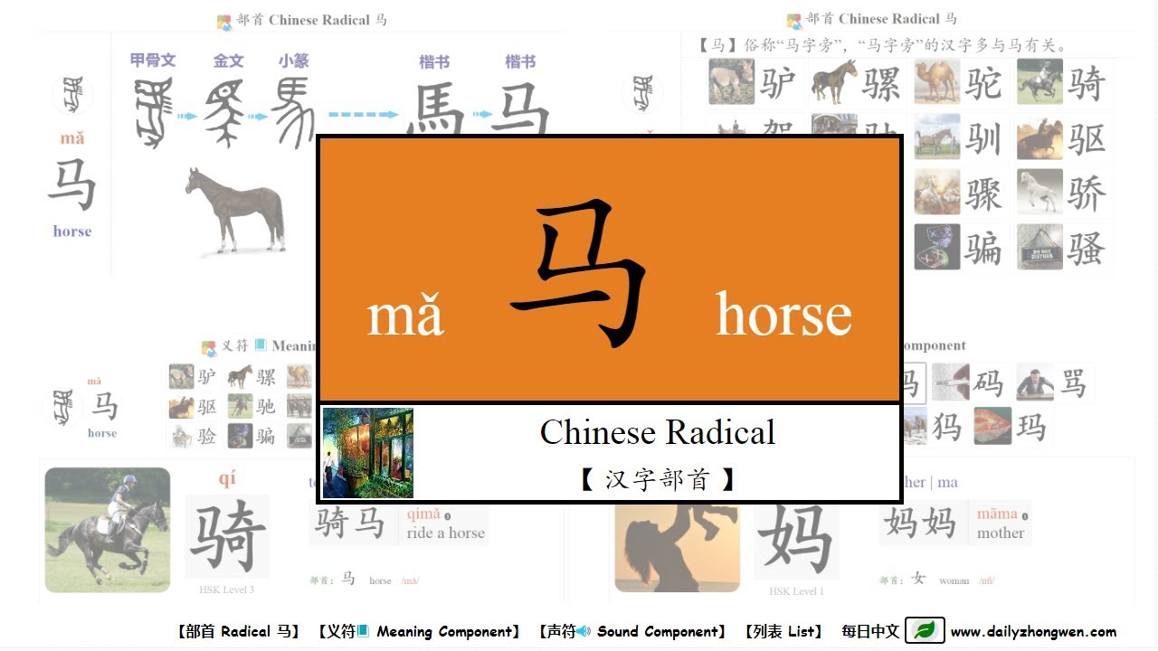 每日中文 常用汉字部首马 Mǎ Horse 包含 马 的汉字 Chinese Radical Youtube