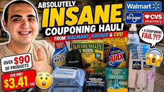 ABSOLUTELY INSANE COUPONING HAUL (WALMART, KROGER, AND CVS) + A FAIL?!? ~ $90+ FOR $3.41 + TAX!