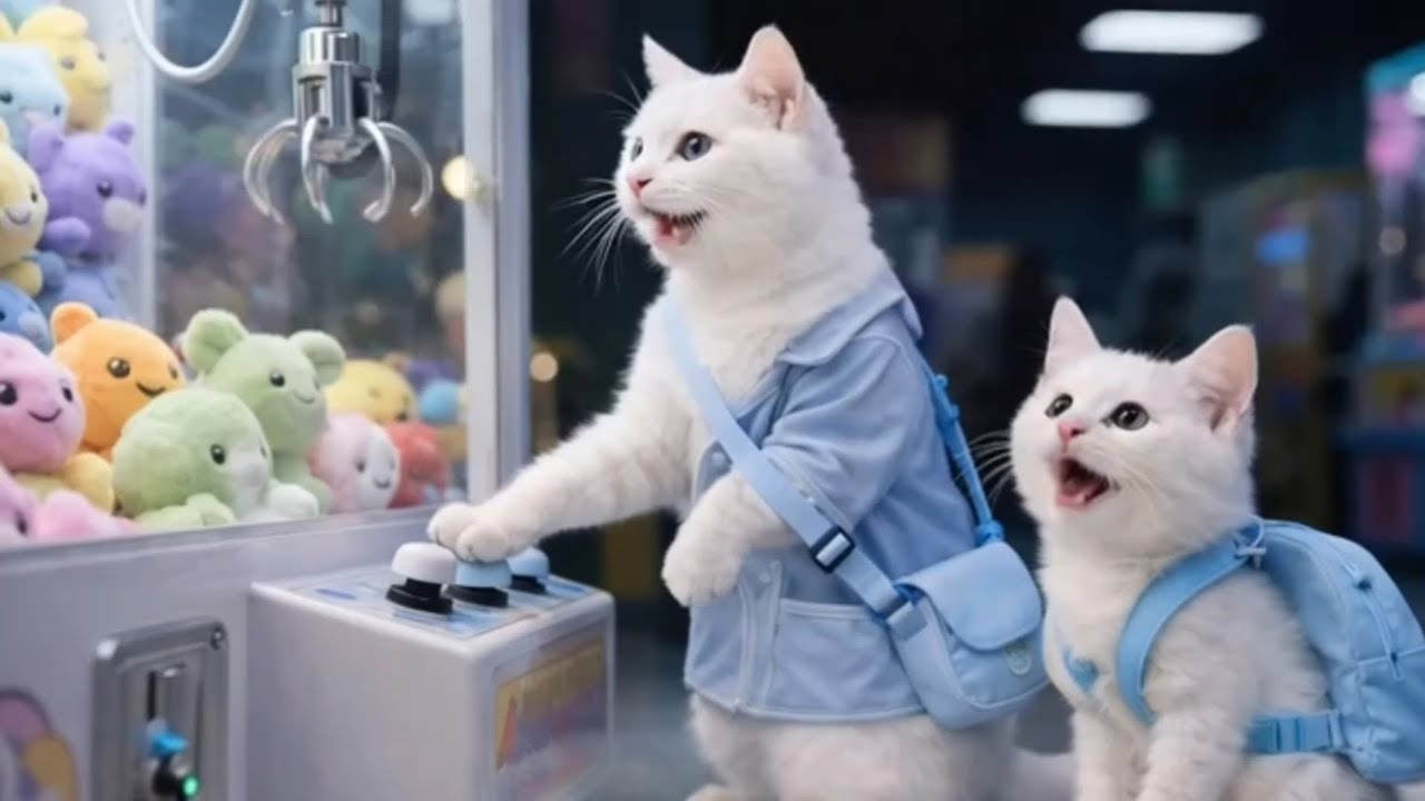 Кошка-мама и котенок играют в игровой автомат с клешней, чтобы выиграть милые игрушки 🐈🐾🎁 | Забав...