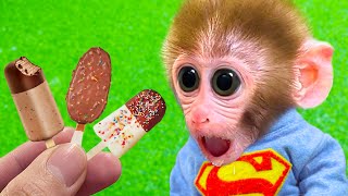 🐵Monkey BabyAnimal Bi Bon يأكل آيس كريم الشوكولاتة ويشتري الفاكهة من السوبر ماركت | HT الحيوان