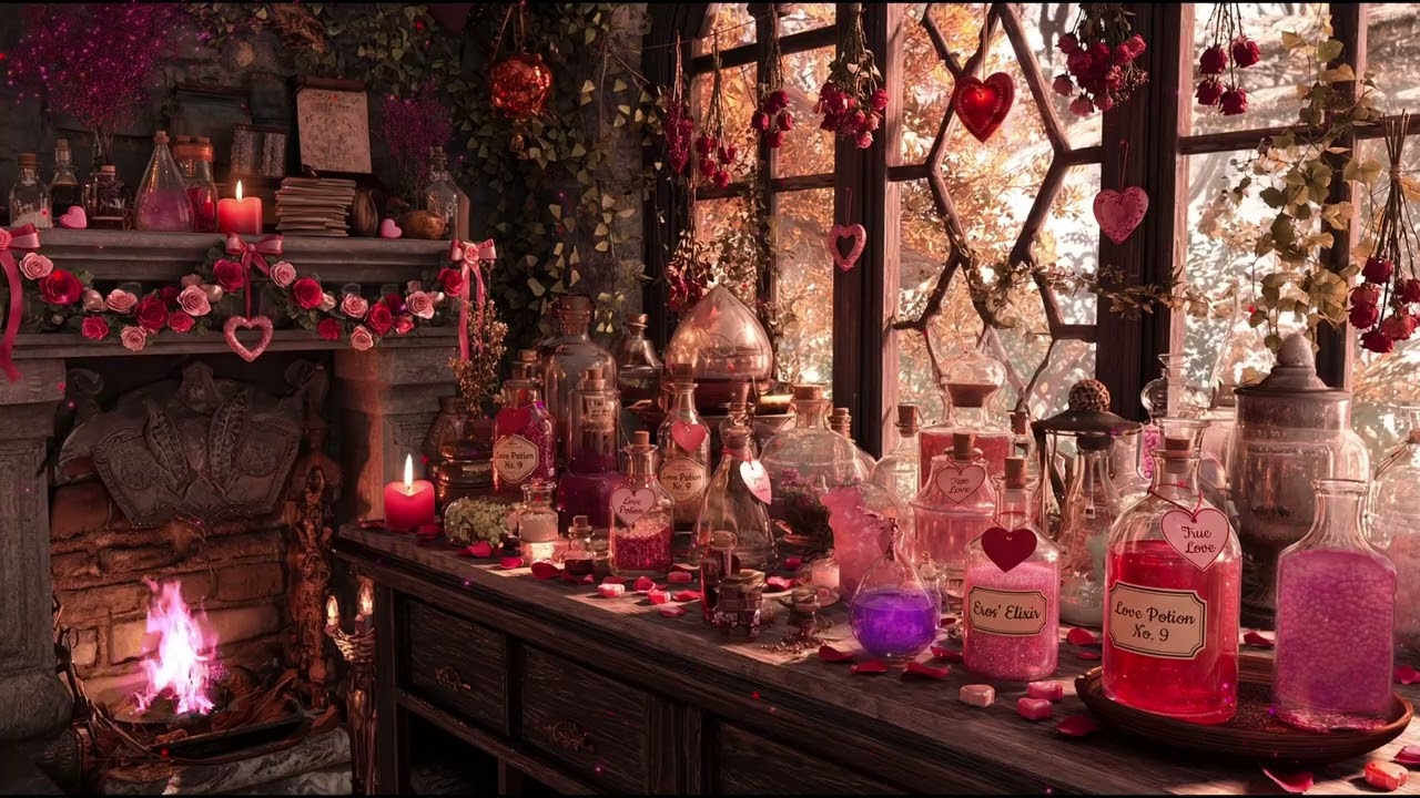 Witch’s Valentine Apothecary Ambience: Love Potions, Music & Cozy Fireplace (4 Hours)
