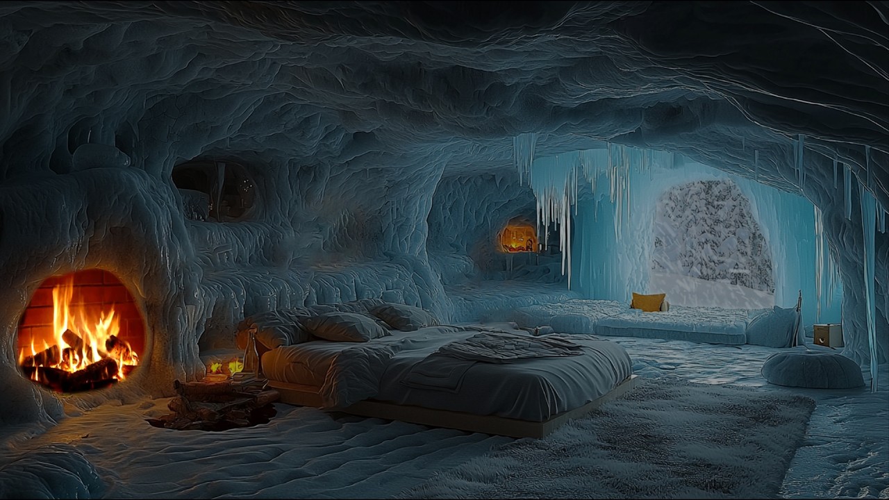 Snowstorm Outside a Cozy Stone Cave | Fireplace & Blizzard Ambience for Sleep | White Noise