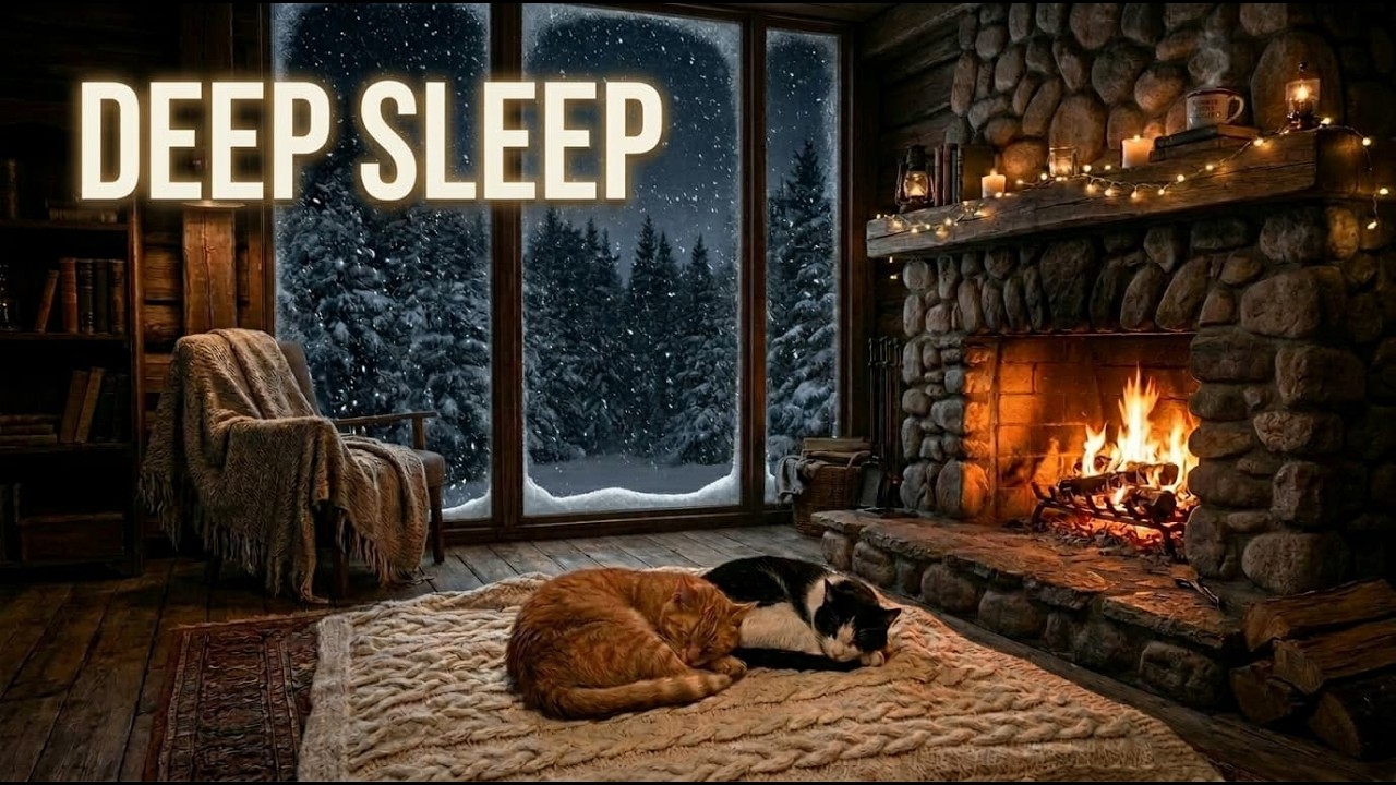 Deep Sleep in a Cozy Snowy Cabin ❄️ Fireplace Sounds, Falling Snow & Sleeping Cats (8 Hours)