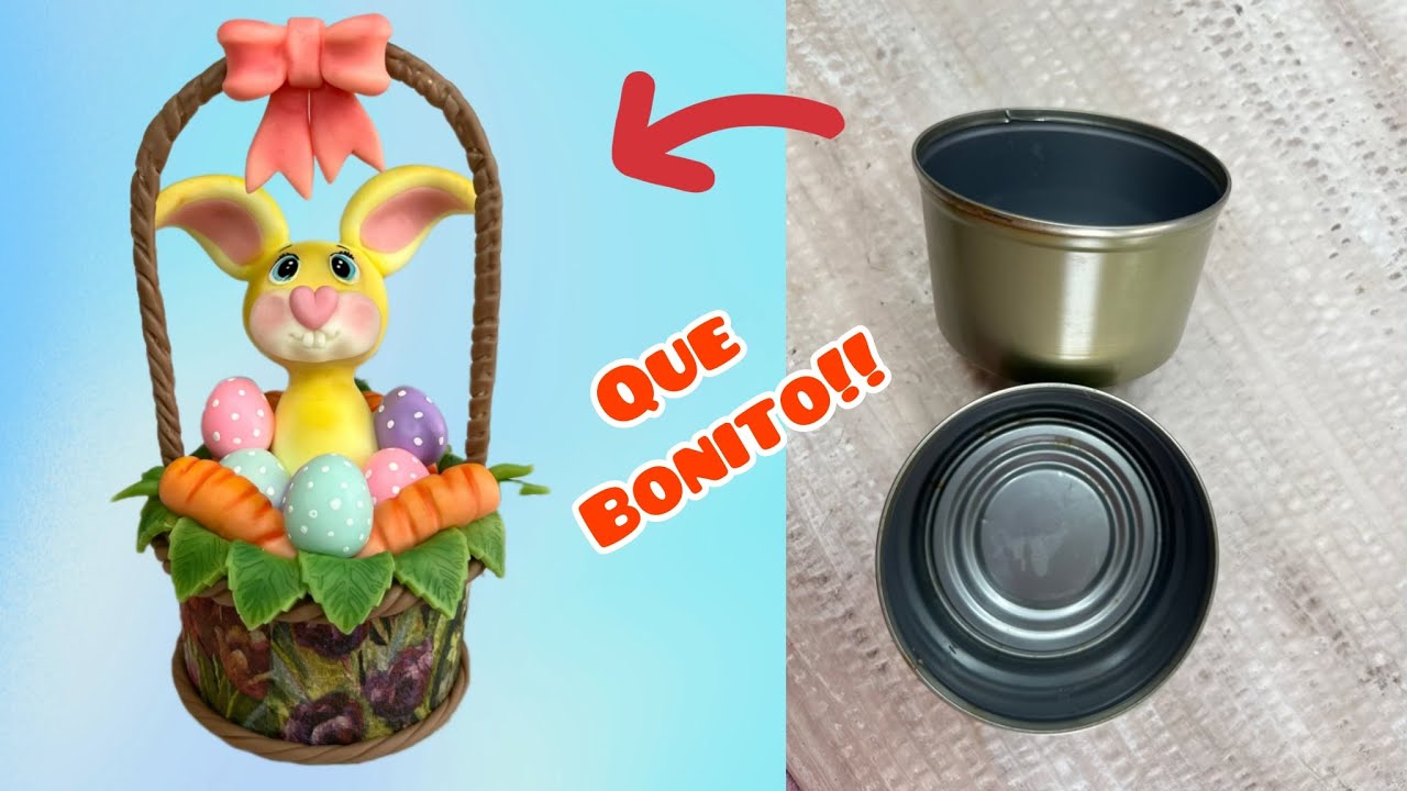 como hacer CONEJO DE PASCUA con lata reciclada + porcelana fria/ pasta flexible/ porcelanicron