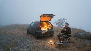 Solo Car Camping in Heavy Fog | Cooking Easy Risotto in My 1997 Fiat Punto