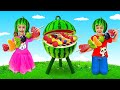 Anita with Yummy Sausages, Fruits and Vegetables Compete in Cooking. Funny Food Stories