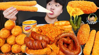 ASMR MUKBANG | RICE CAKE Tteokbokki, Fire Noodles, cheese stick, hot dog recipe ! eating