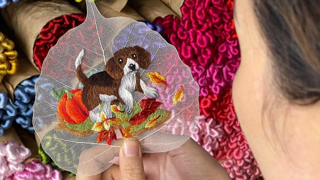 Hand Embroidery on Bodhi Leaves - Cute Puppy