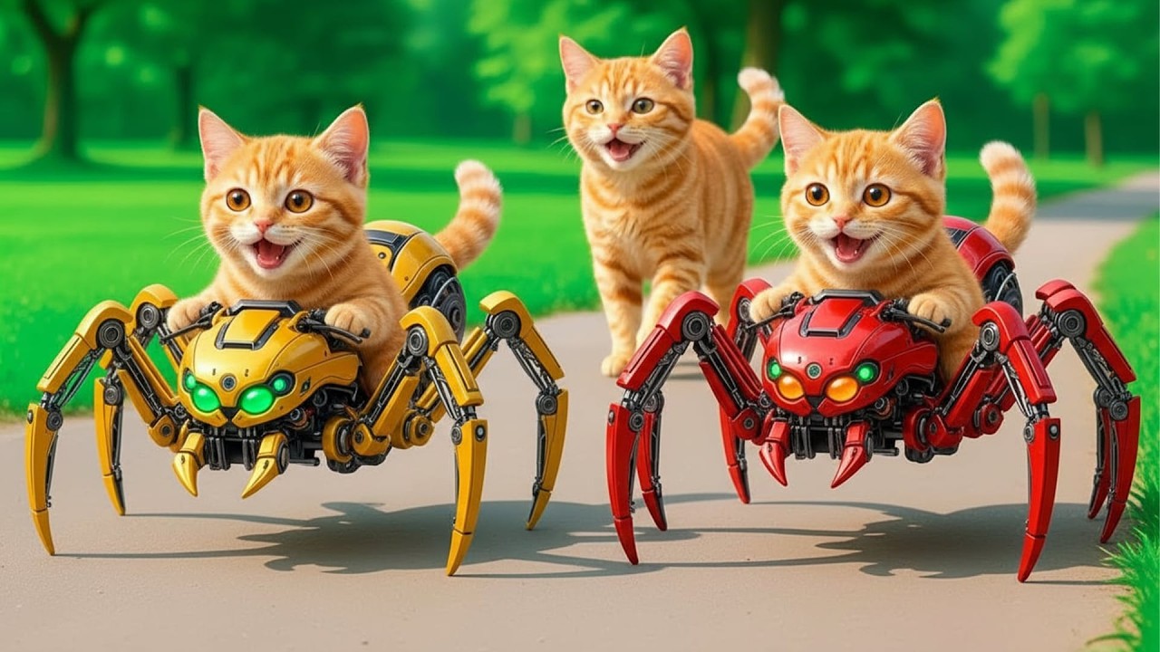 Kittens Ride Giant Robot Spider Bikes 🕷️ on a Brave Mission to Rescue Mama Cat from a Bully! 🐱💥