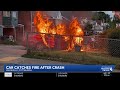 Car collides with fence, catches fire in Pittsburgh's Knoxville neighborhood