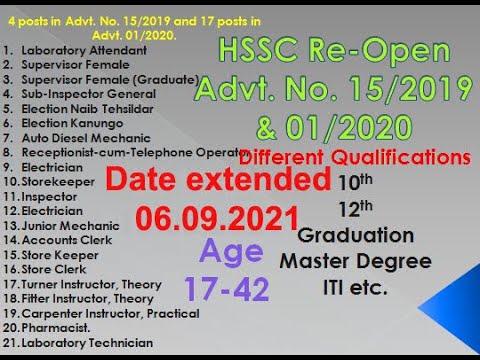 HSSC Re-Open Advertisement No. 15/2019 and 01/2020 for different posts in Haryana