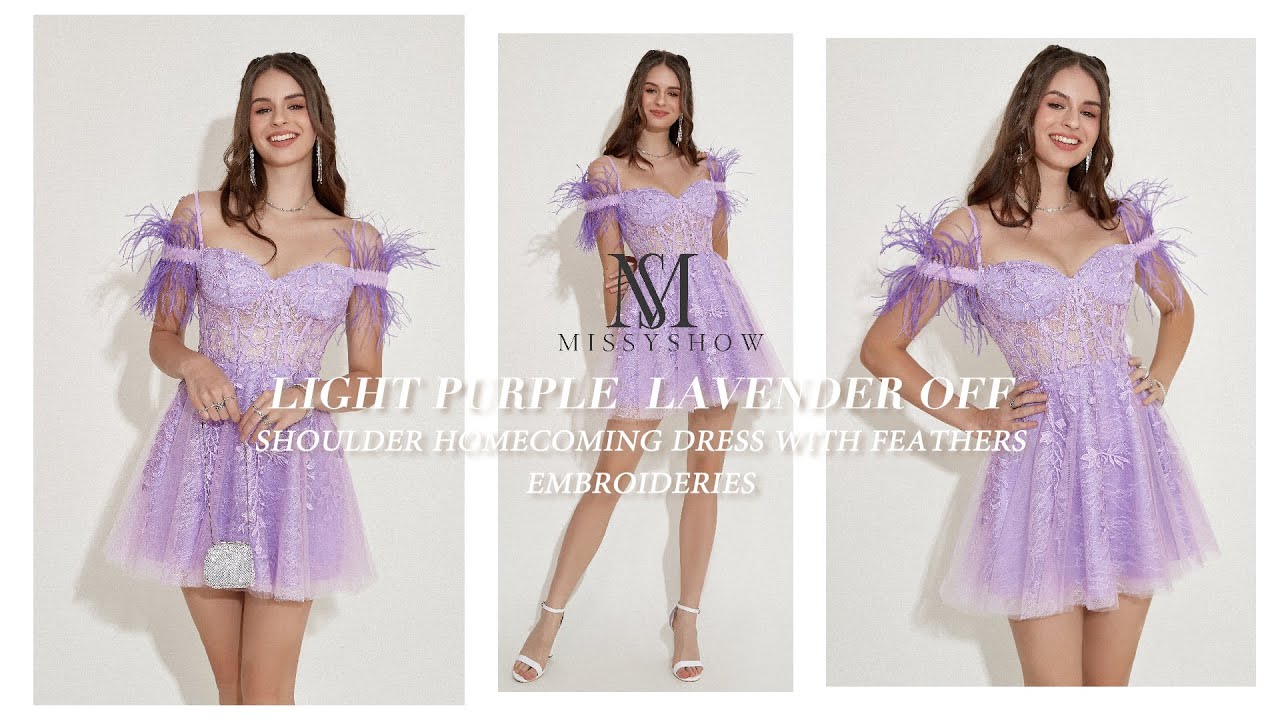 Light Purple Lavender Off Shoulder Homecoming Dress with Feathers Embroideries