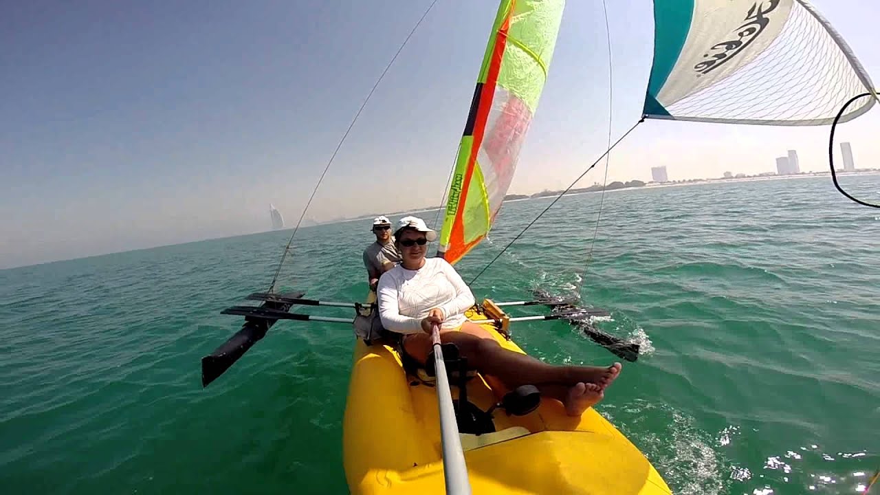 hobie i14t sailkit XXL outrigger homemade sail dubai - YouTube