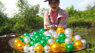 The Girl Is Harvesting Mutated Clams In The River, With Crystals Sparkling With Tempting Magic