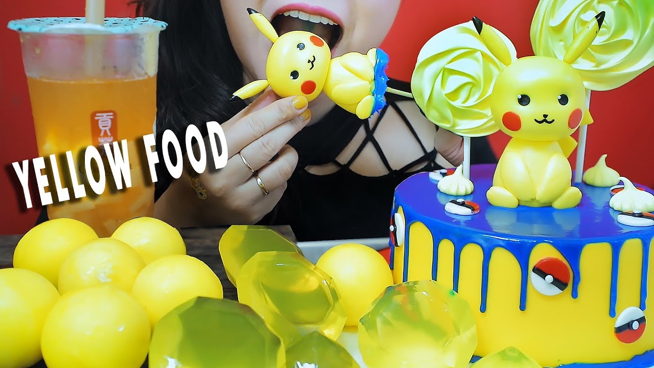 ASMR YELLOW FOOD ICE CREAM BALL DIAMOND JELLY PIKACHU FONDANT CAKE MERINGUE EATING SOUNDS| LINH-ASMR