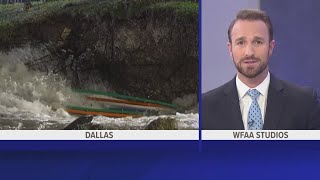 Major water main breaks near I-35E at Oak Lawn, causing flooded roads and closed lanes
