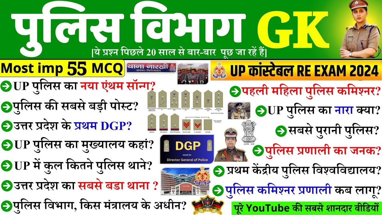 UP Police Constable Re-Exam 2024 | GK GS उत्तर प्रदेश पुलिस विभाग से सम्बंधित महत्वपूर्ण प्रश्न