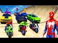 Spiderman Motorcycles Racing on MEGA RAMP with Superheroes cars jumping Race on Mountain Ramp- GTA 5