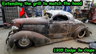 Cutting and fitting the hood to the grill on the 35 Dodge 3w coupe.