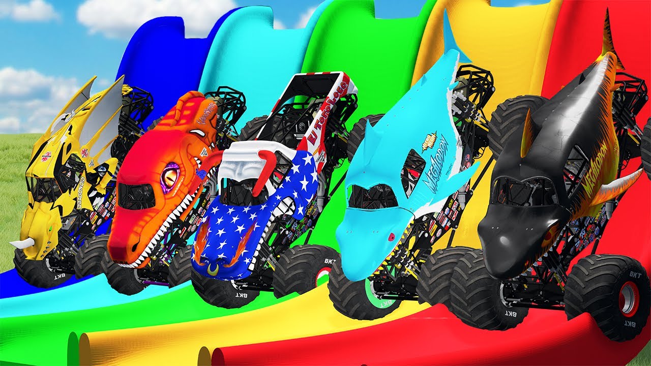 5 COLOR MONSTER TRUCKS VS COLOR WATER SLIDE FINAL CHALLENGE - YouTube
