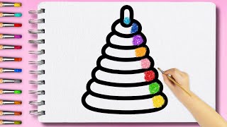🌈 Rainbow Pyramid Toy Glitter Coloring For Kids | Learn Drawing, Colors For Toddlers 🎨