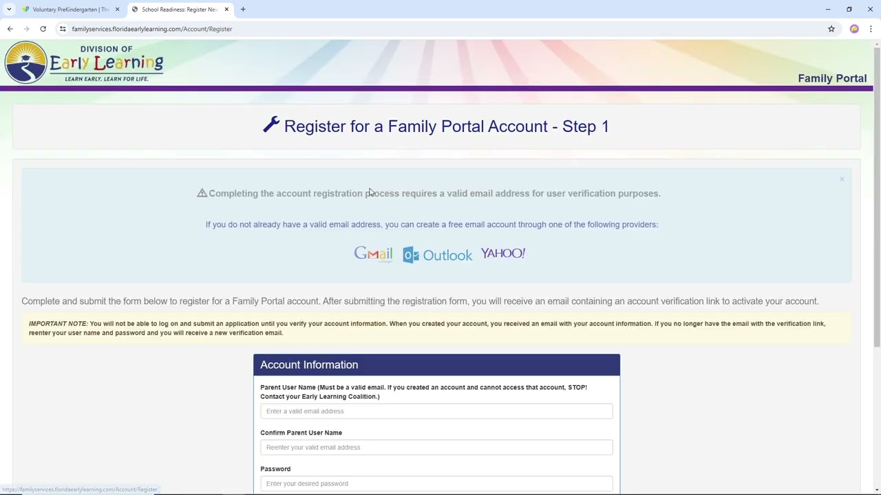 How to create a family account to apply for School Readiness or VPK.