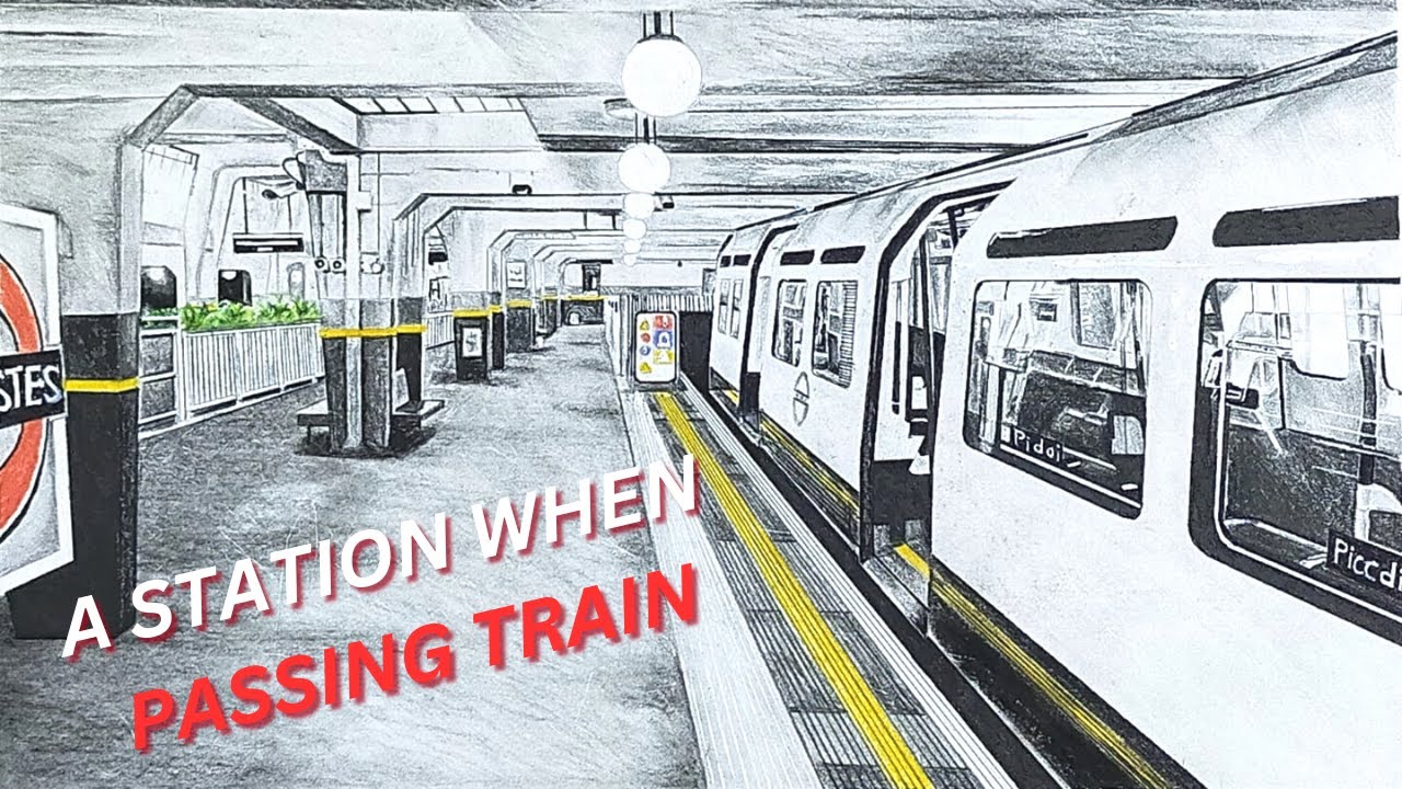 STATION & TRAIN DRAWING || DRAW A METRO STATION WHEN PASSING A TRAIN IN ONE-POINT PERSPECTIVE