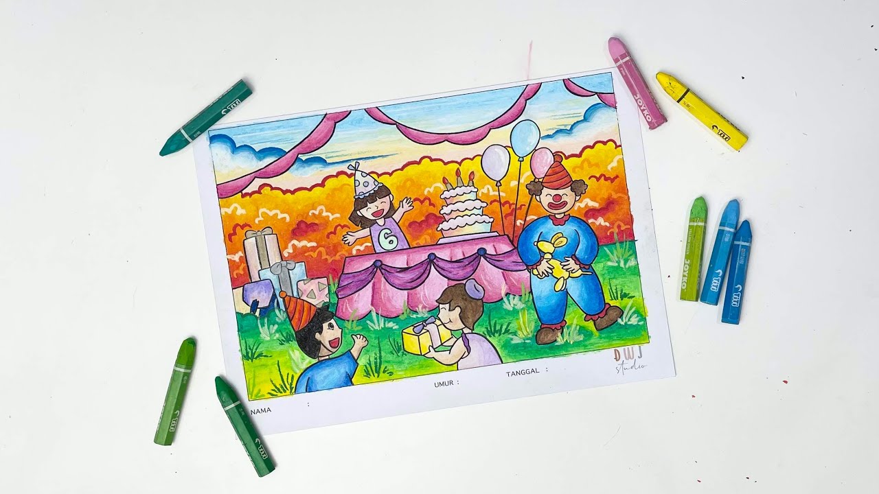 cara mewarnai tema birthday party dengan crayon oil pastel