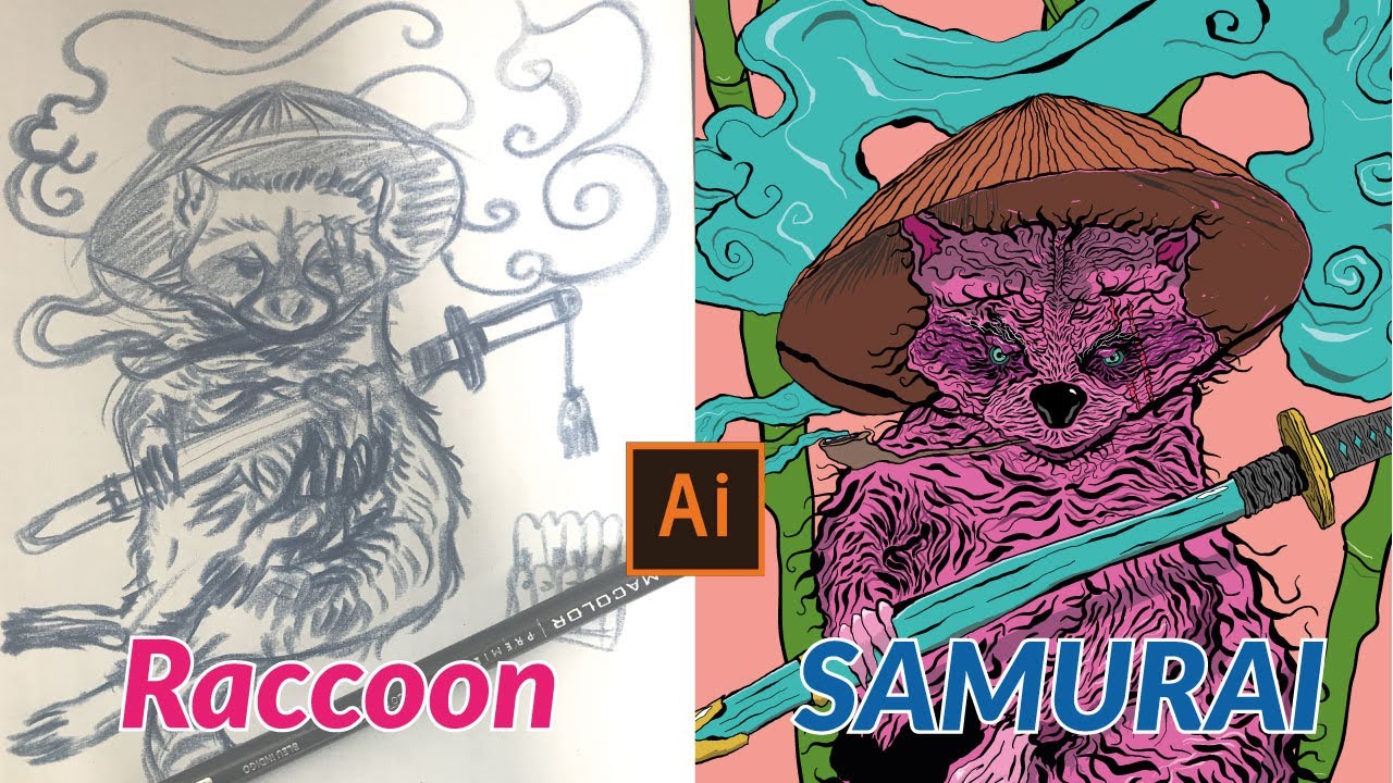 Creating a samurai racoon in Adobe Illustrator - Speed drawing / 사무라이라쿤 ...