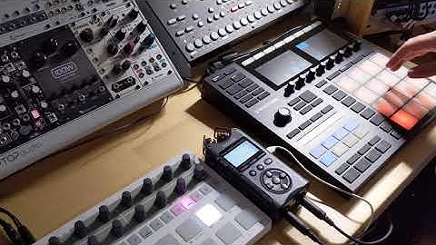Maschine mixing live synths with Hermod and Beatstep Pro sequencing synths off camera.