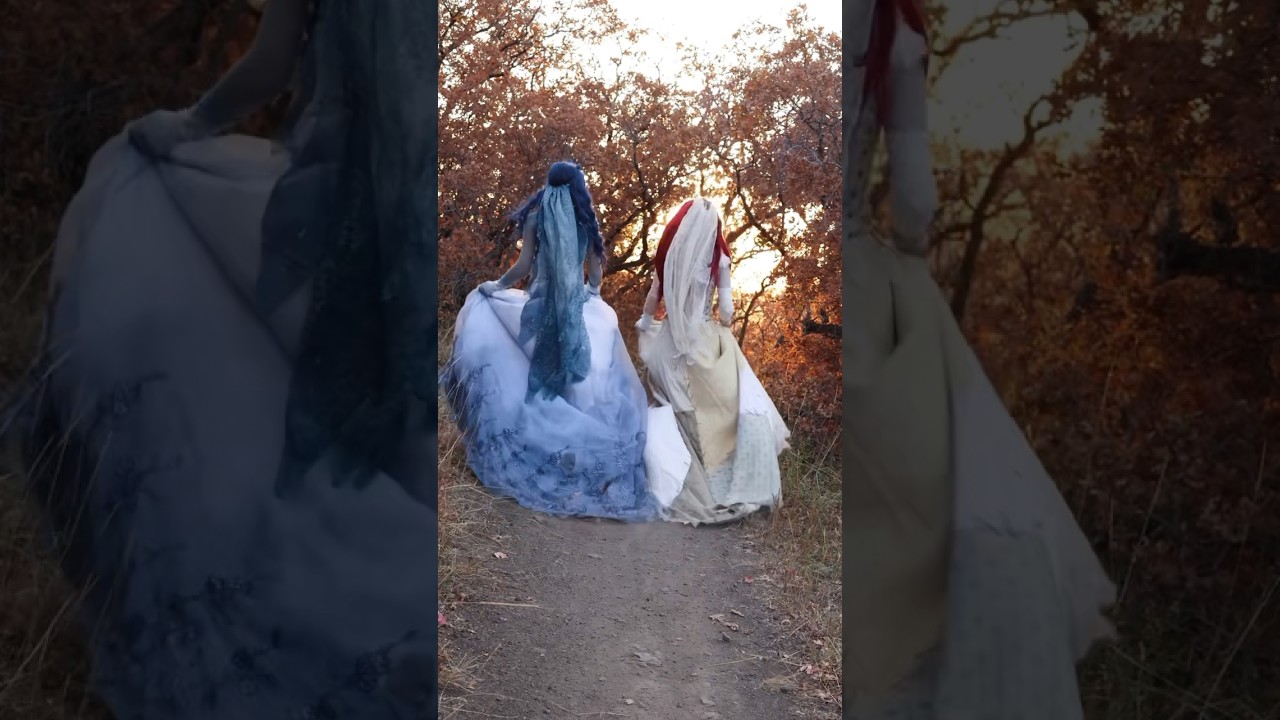 Running in the Corpse Bride and Sally inspired wedding dresses I made 🦋🎃👗✨ w/ 