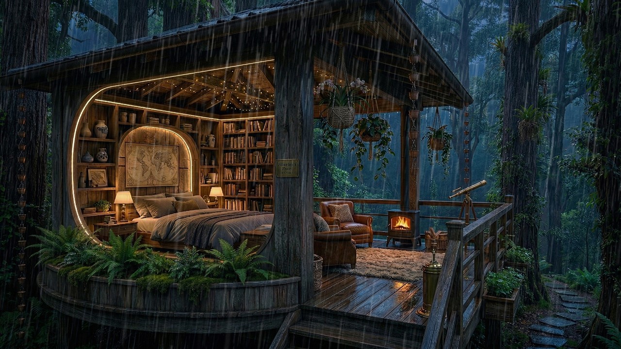 Cozy Cabin in Rainforest | Rain and Fireplace Sounds at Night | Sleep, Relax, Study