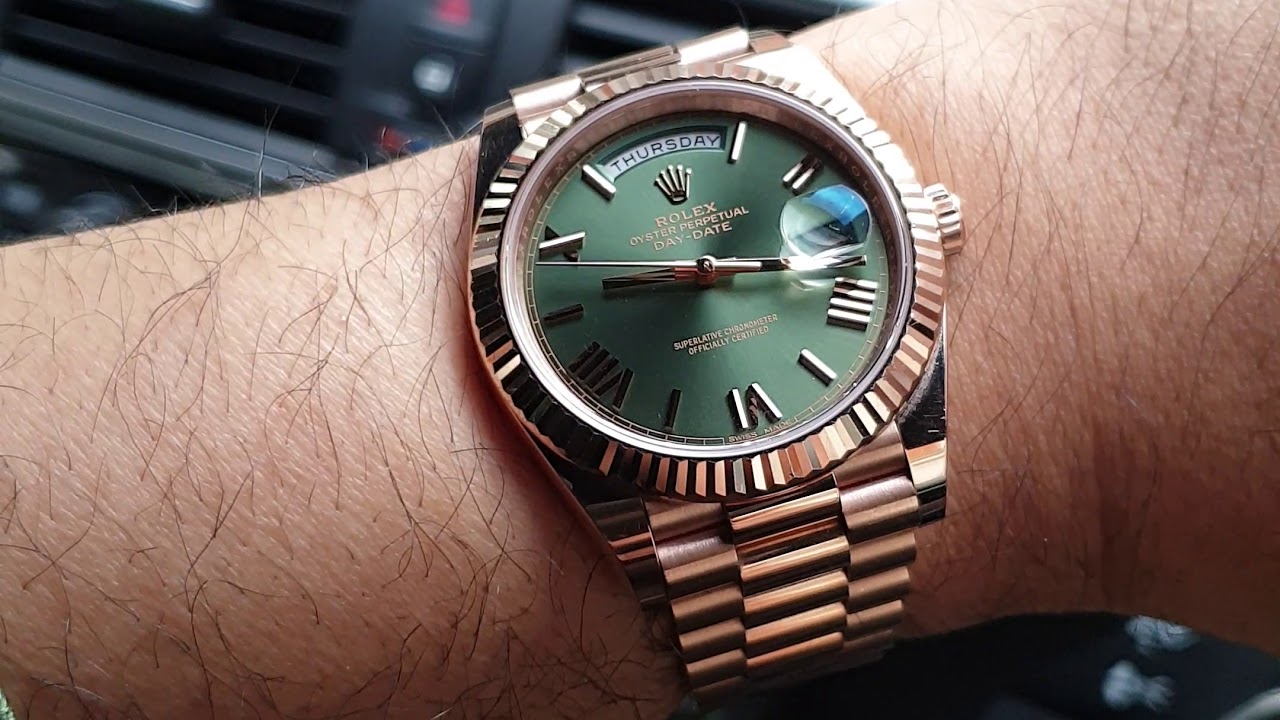 Rolex Day Date Rose Gold Olive Dial On Wrist Rolex Day Date Rose Gold Olive Dial On Wrist
