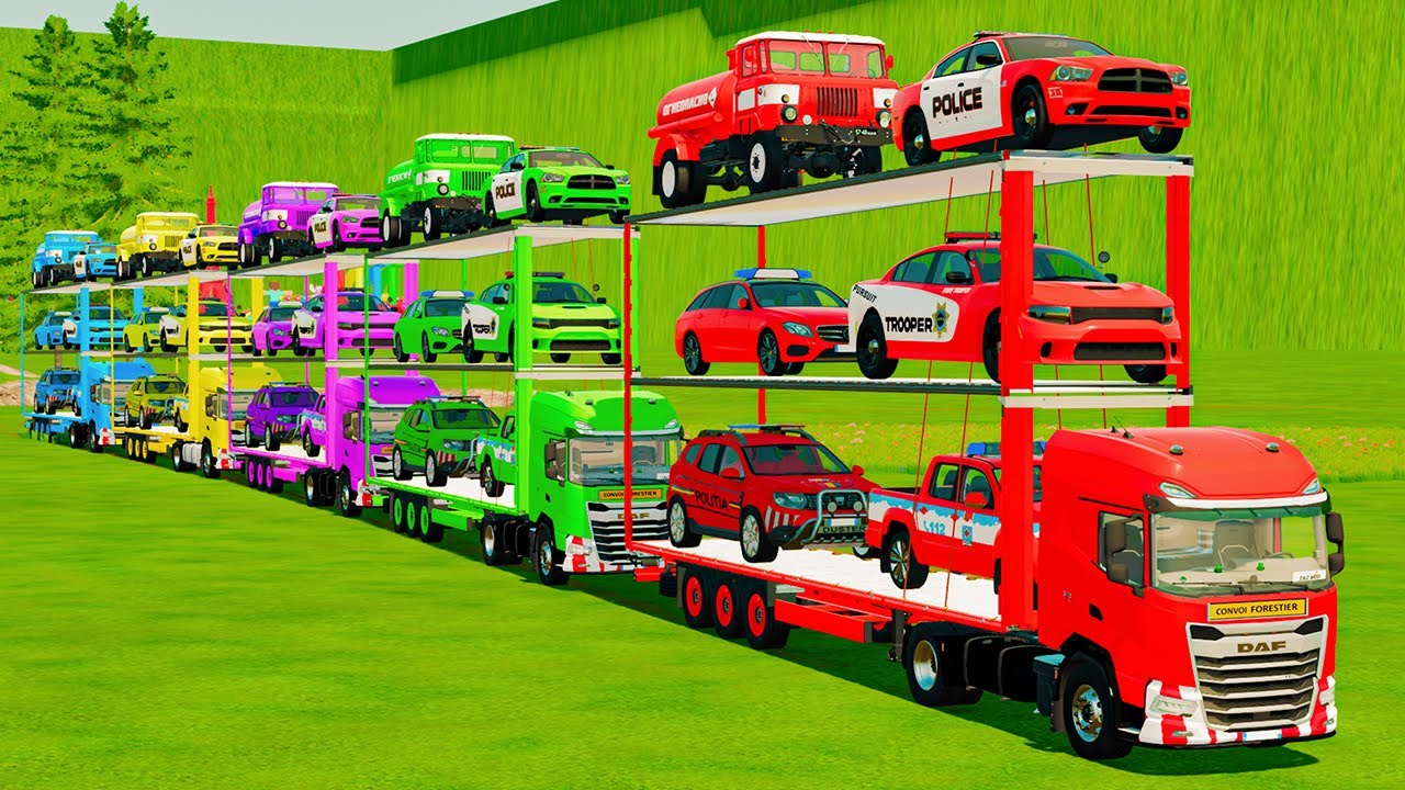 OVERSIZED TWIN CARS TRANSPORT OF COLORS! COPS DODGE HELLCAT, BMW, MINI CEMENT MIXERS! FS 25