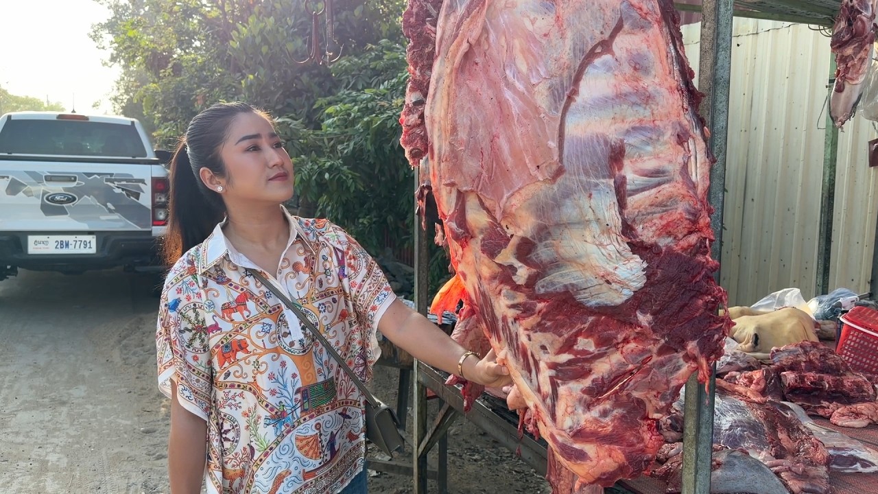 Market show: Buy cow ribs from village beef store | Yummy cow ribs cooking
