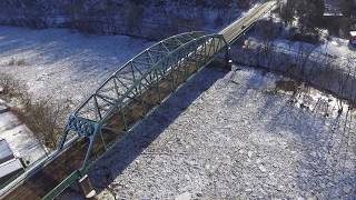 phantom 3 drone, flying above leechburg bridge and kiski ice jam