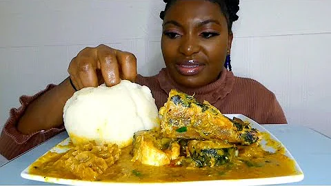 Asmr mukbang cocoyam soup with poundo yam fufu./ Nigerian food