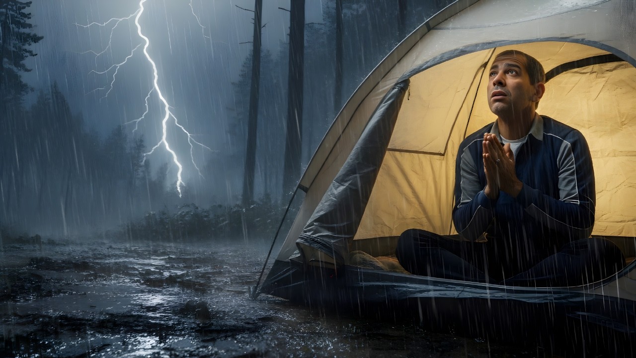 ليلة بلا رحمة ⛈️🌲 بناء خيمة وسط الغابة تحت عاصفة عنيفة