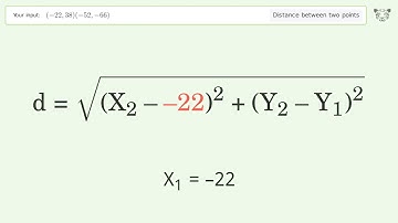 Find the distance between two points p1 (-22,38) and p2 (-52,-66): Step-by-Step Video Solution