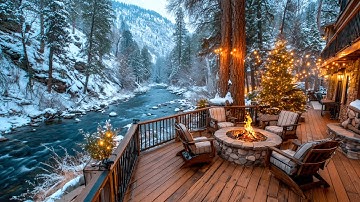 Cozy Christmas Winter River Cabin Porch | Campfire & Nature Sounds