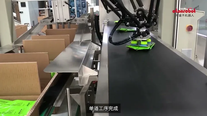Delta robot for loading powder bags into cartons.