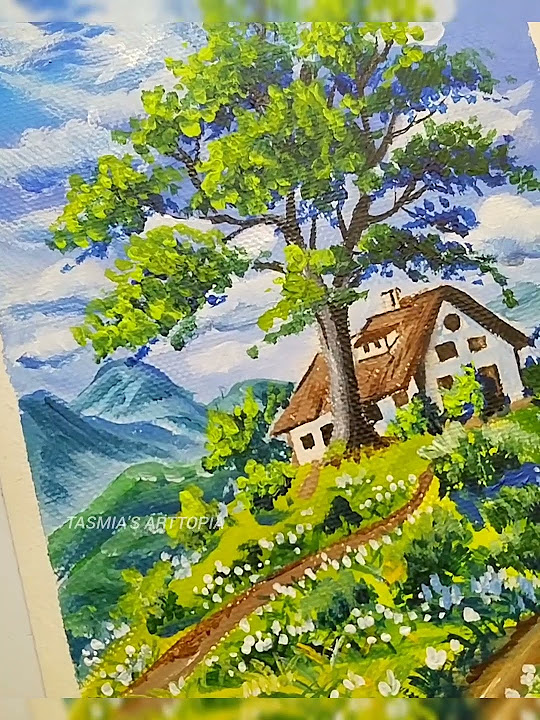Studio Ghibli inspired painting! Hilltop cottage painting #studioghibli