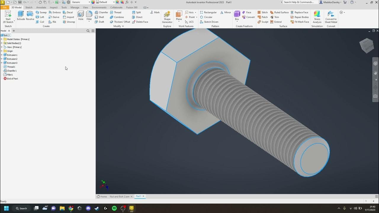 Nut and Bolt in Inventor with Thread Tool YouTube