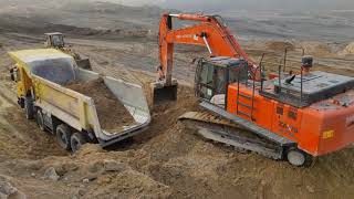 Hitachi Zaxis 470H Excavator Loading Scania And Volvo Trucks